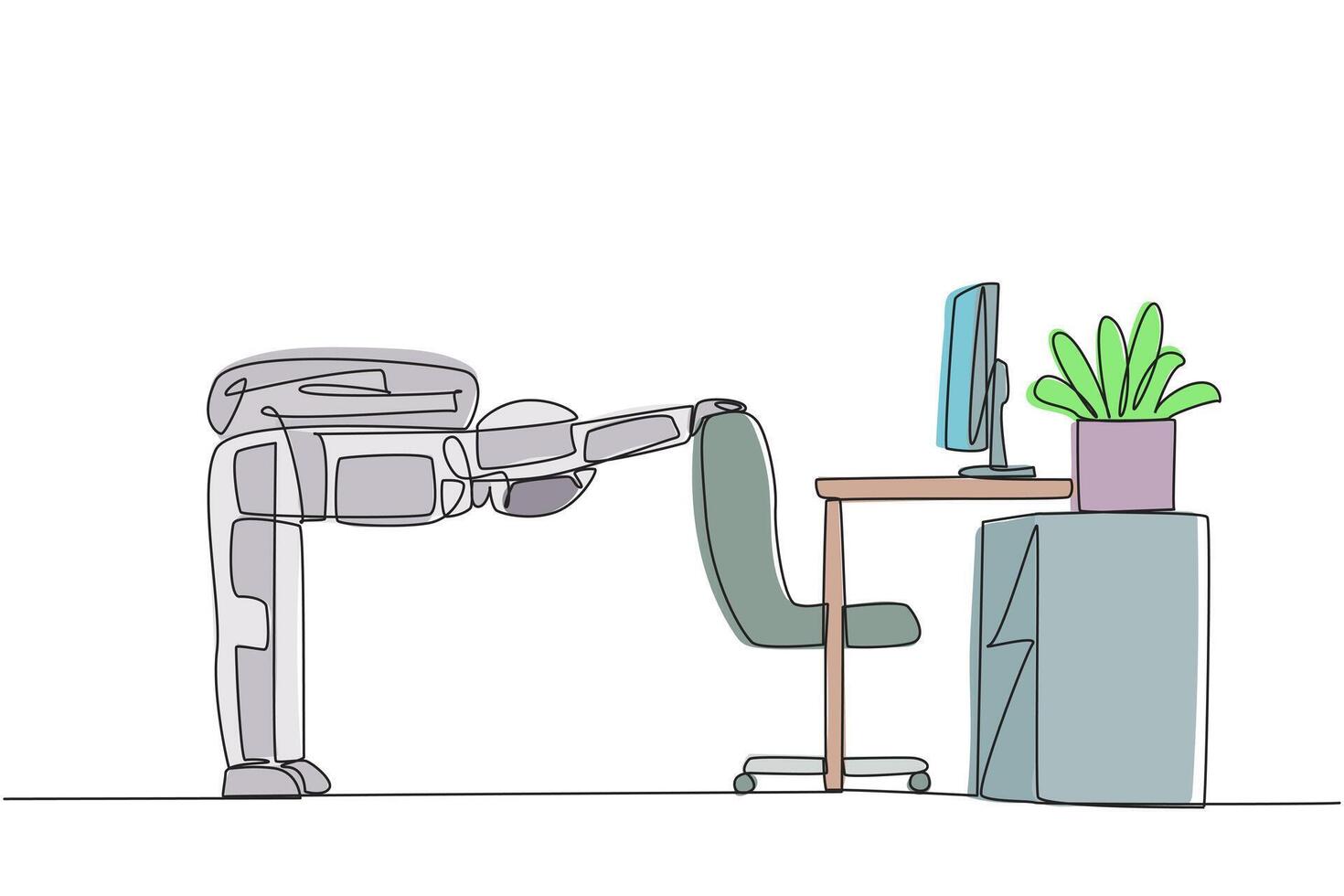 Single one line drawing astronaut bowed while holding his hand on his work chair. Stretching. Eliminates excessive nervousness. Preparing for expedition. Continuous line design graphic illustration vector