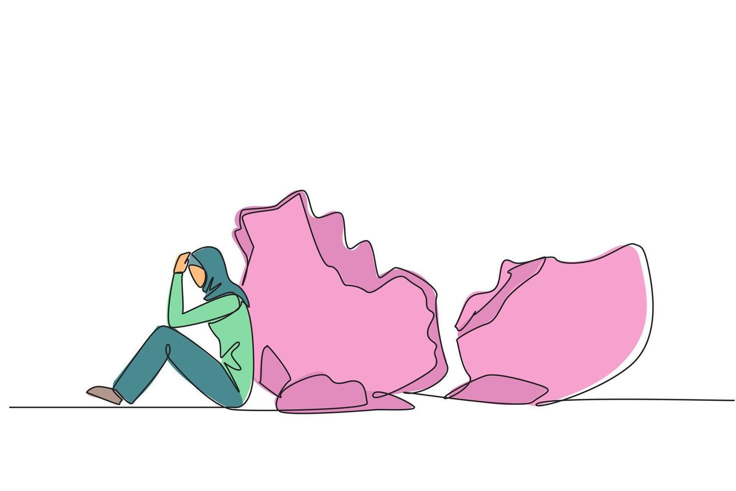 Single one line drawing Arab businesswoman sit slump next to a large, destroyed big piggy bank. Financial problem. Too much debt. Bankrupt. Failed business. Continuous line design graphic illustration vector