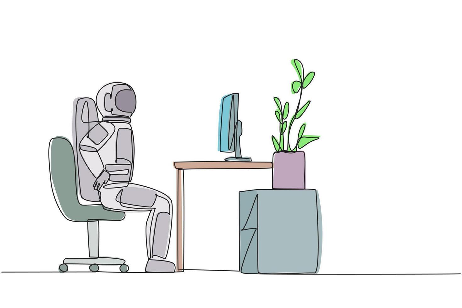 Continuous one line drawing astronaut sitting in a work chair with hands holding his waist. Stretching the waist. Nervousness makes it feel stiff. Spaceman. Single line draw design illustration vector