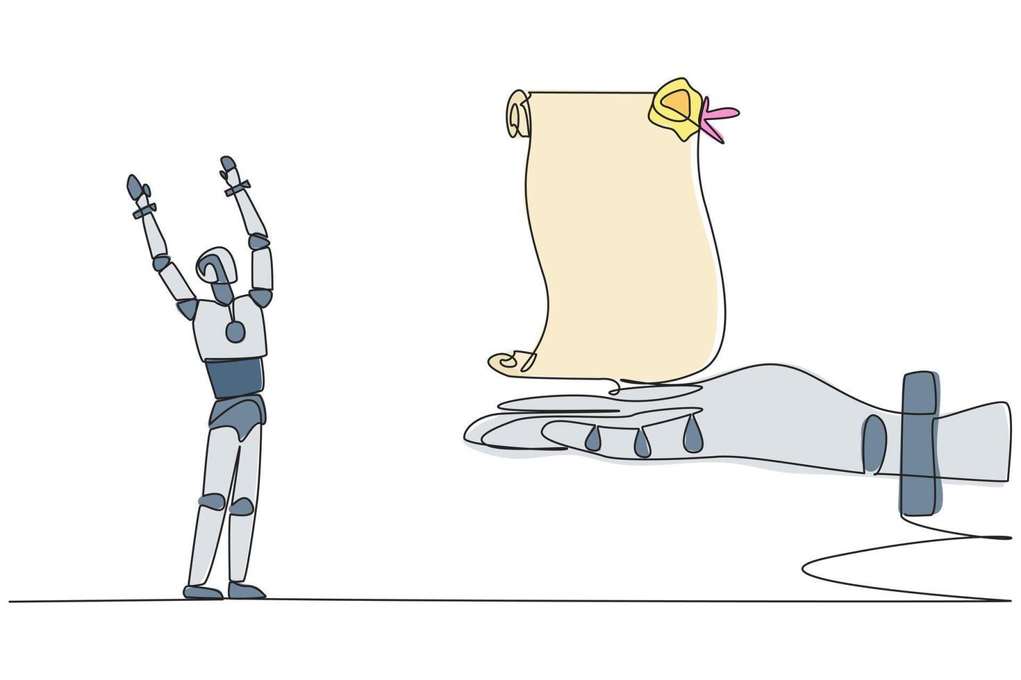 Continuous one line drawing robot was excited to get roll of stamped paper from the giant hand. Translating ancient writings. Looking for historical sites. Single line draw design illustration vector