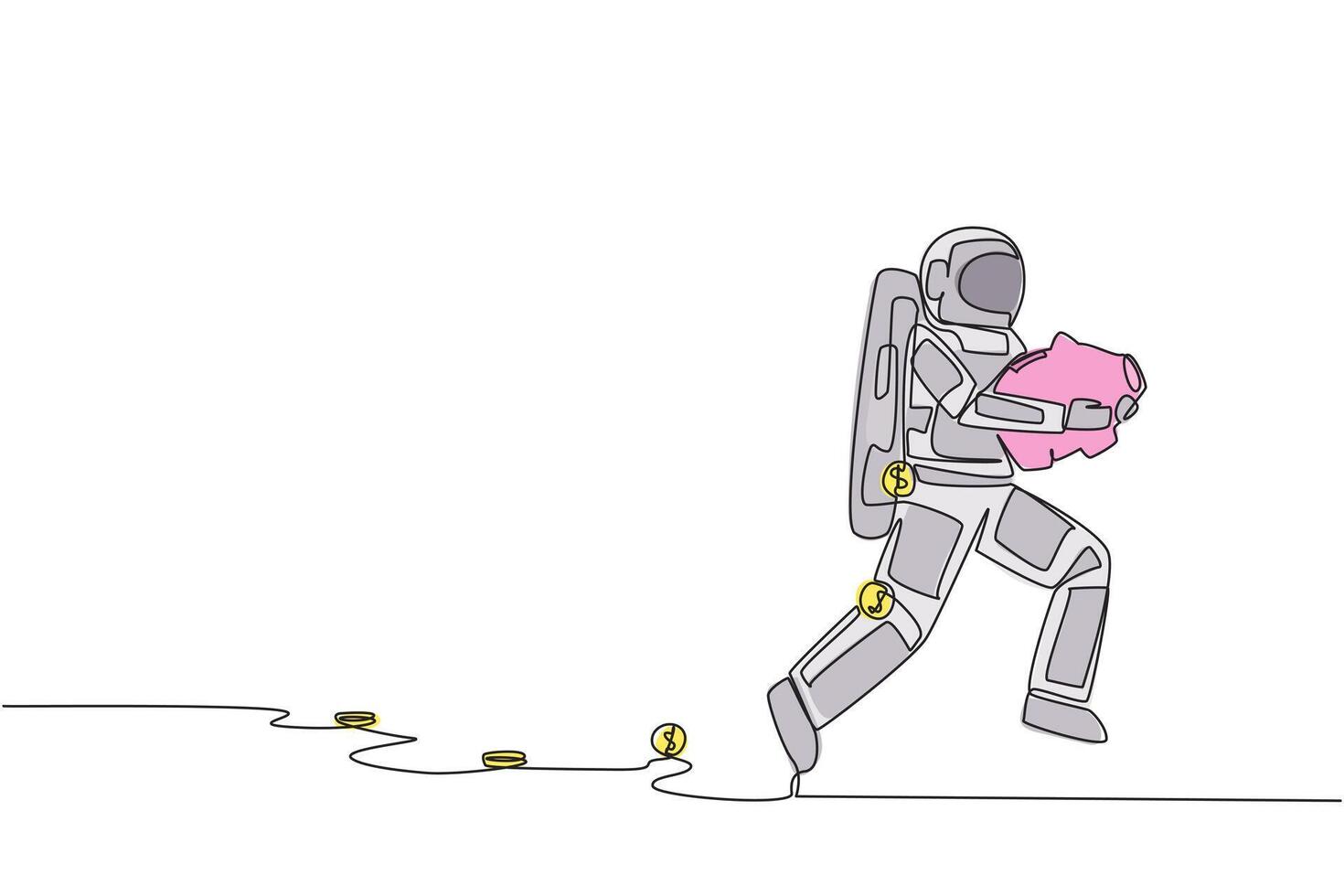 Continuous one line drawing young astronaut running while carrying a piggy bank with coins scattered around. Saving space expedition investments. Cosmonaut. Single line draw design illustration vector