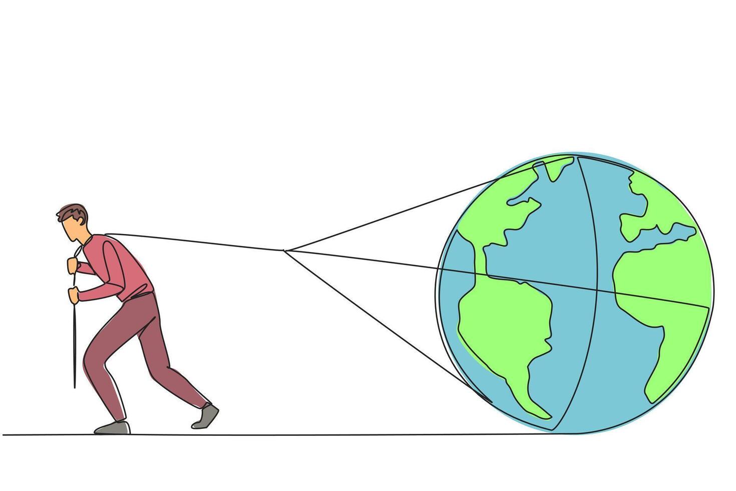 Continuous one line drawing a man pulls a globe. A real action to make the earth a better place. Keep away from pollution that can damage the ozone layer. Single line draw design illustration vector