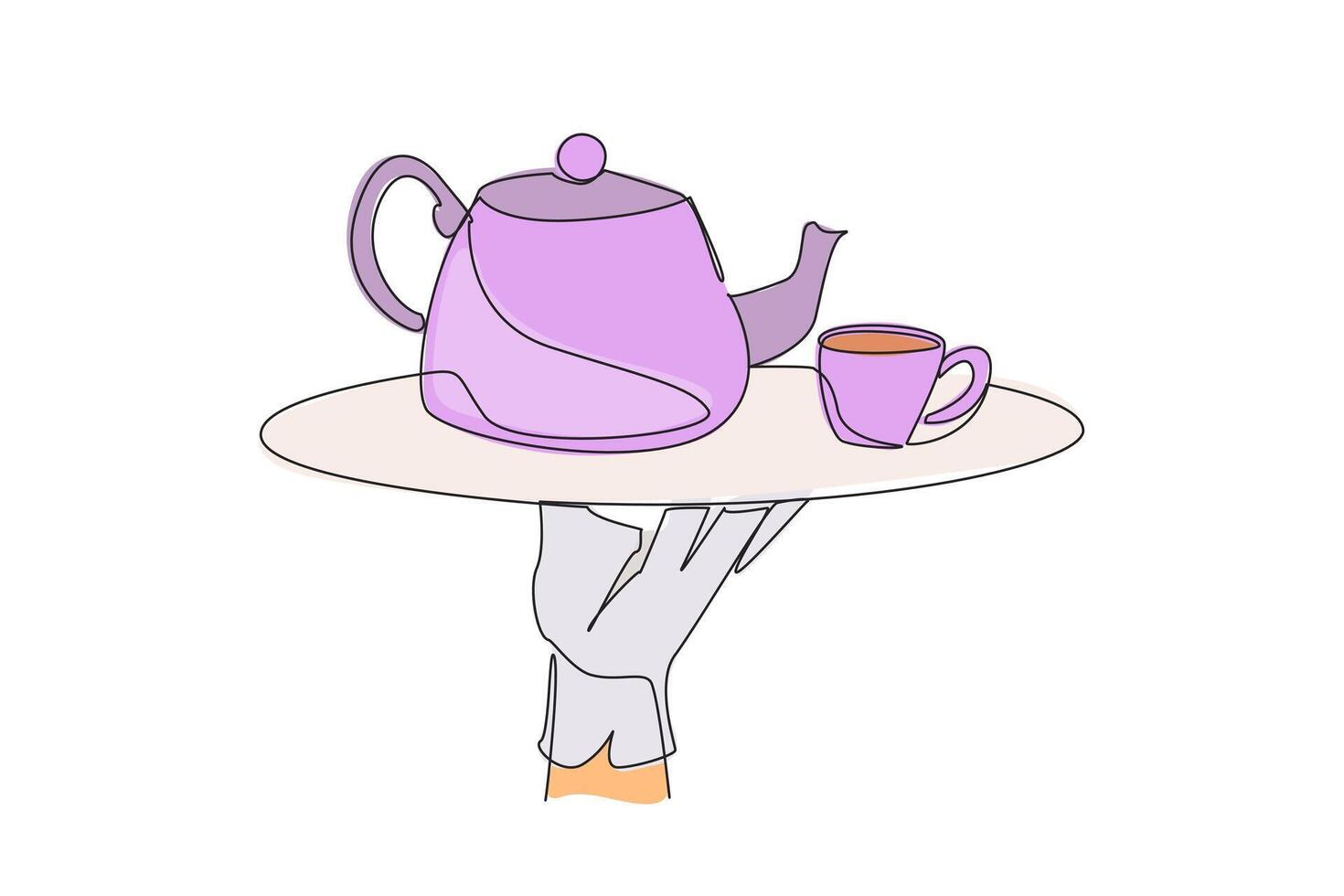 Single one line drawing waiter holding food tray serving tea set. Relaxed atmosphere in the restaurant. Calming the mind. Able to increase body immunity. Continuous line design graphic illustration vector