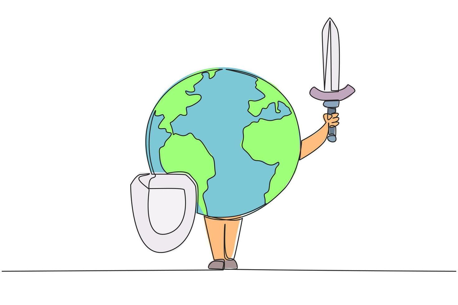 Continuous one line drawing globe holds a shield and sword. Guardian of the earth. Always ready to be relied on. Guardian of the cleanliness of the earth. Single line draw design illustration vector