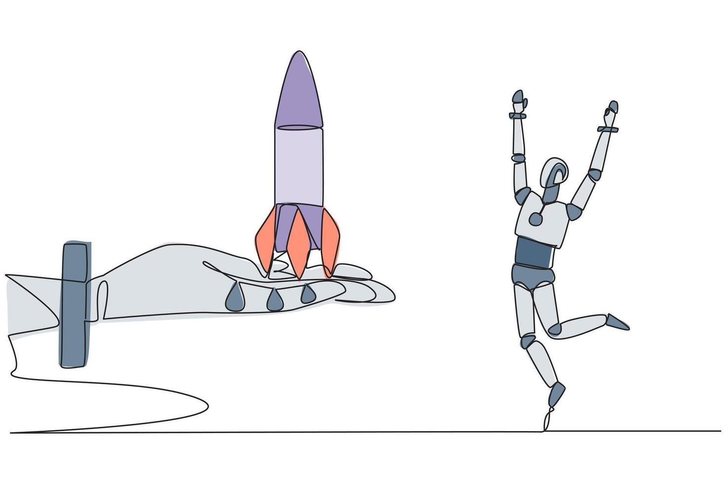 Single continuous line drawing a smart robot is happy to get rocket from the giant hand. Futuristic future technology. The algorithm allows it to fly. Best update. One line design illustration vector