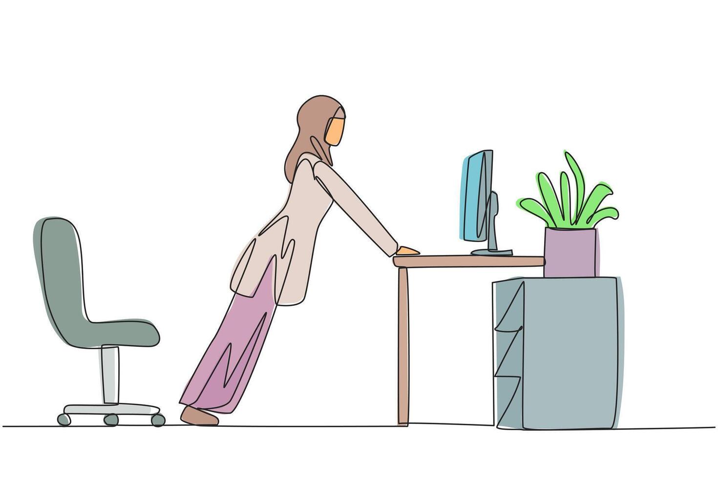 Single one line drawing Arabian woman do push up movements by holding edge of work table. Exercise for while to get rid of drowsiness. Overtime on weekend. Continuous line design graphic illustration vector