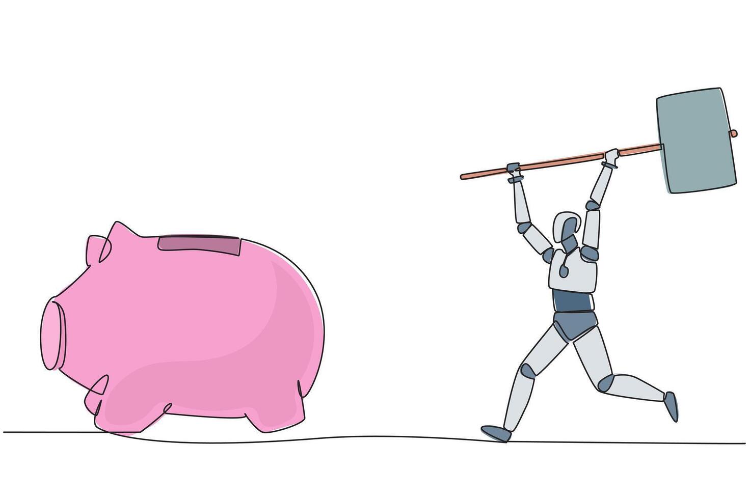 Single continuous line drawing robot holding a big hammer chasing big running piggy bank. Artificial intelligence trials require funding. Disburse emergency funds. One line design illustration vector