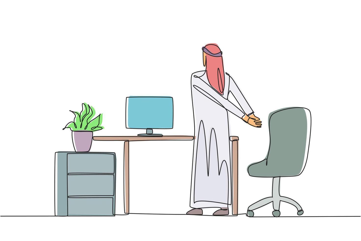 Single one line drawing Arabian man stands with his hands behind his back. Stretching. Restore focus with light exercise. Overtime on the weekend. Hectic. Continuous line design graphic illustration vector