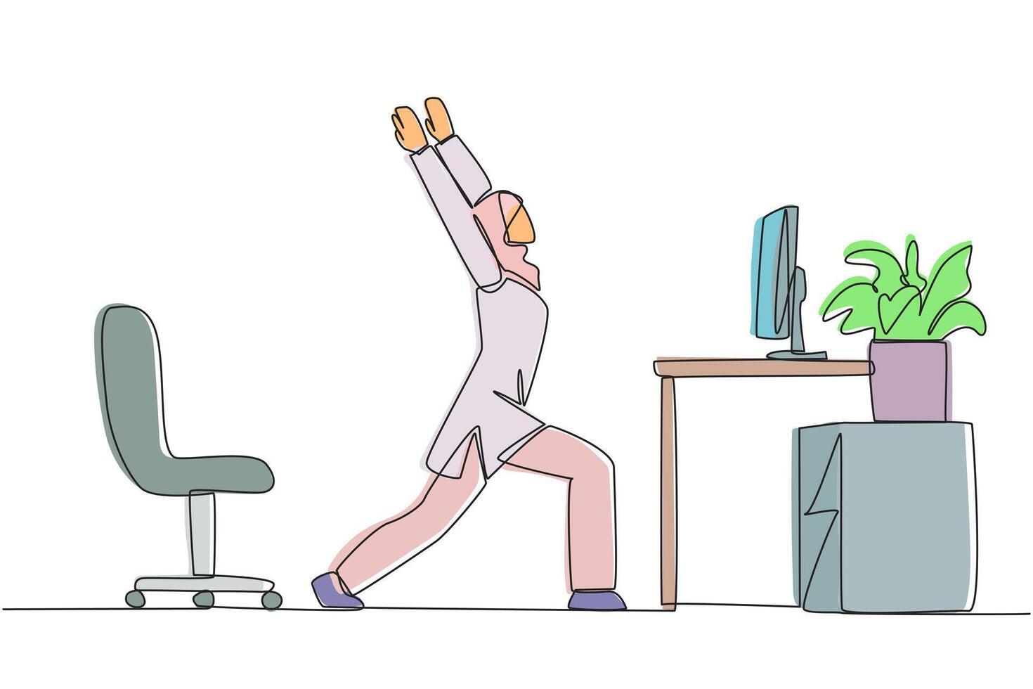 Single one line drawing Arabian woman stands with both hands raised and legs stretched. Stretching movements are much needed before work. Overtime. Hectic. Continuous line design graphic illustration vector
