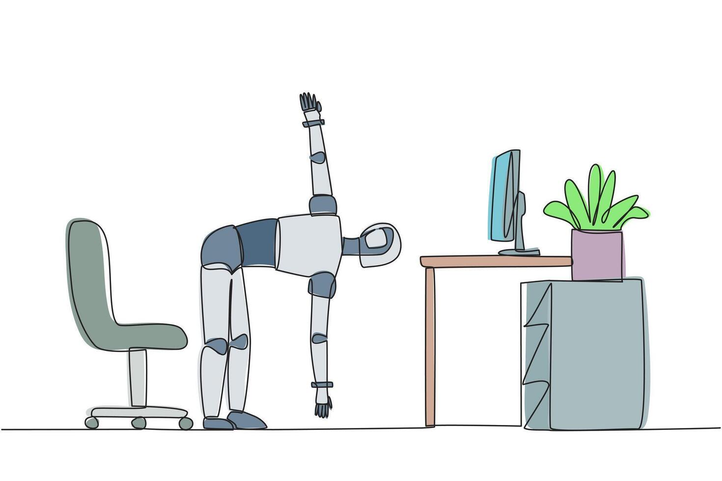 Single one line drawing robot stands with one hand raised and the other hand holding the toe. Robot exercising. Train muscle movements to be more flexible. Continuous line design graphic illustration vector