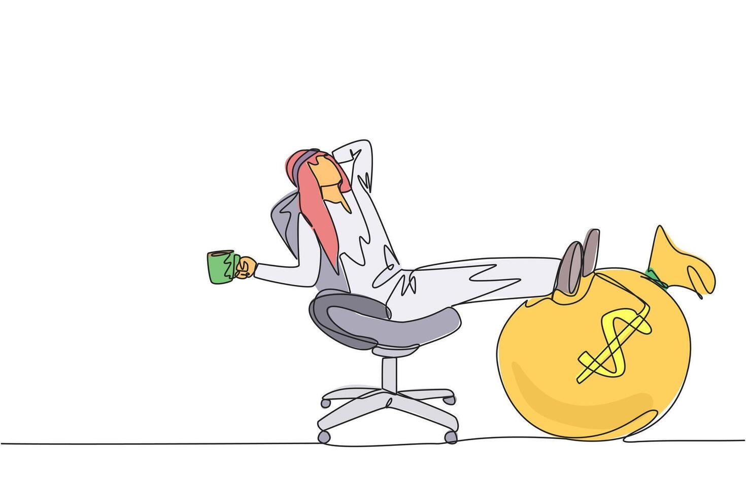 Continuous one line drawing Arab businessman sitting relaxed in a work chair while holding a mug. Foot resting on money bag. Work smart for maximum profits. Single line draw design illustration vector