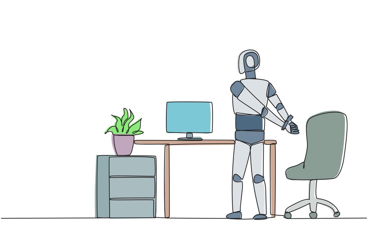 Single continuous line drawing robot stands with his hands behind his back. Stretching. Get the latest code to become smarter at exercising. Future technology. One line design illustration vector