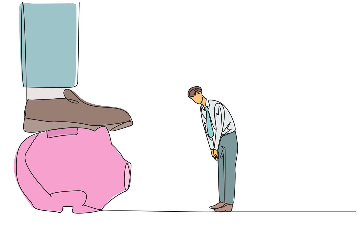 Single one line drawing businessman nodded in front of the giant foot that stepped on the piggy bank. Ideas. Nod in agreement. The importance of investment. Continuous line design graphic illustration vector