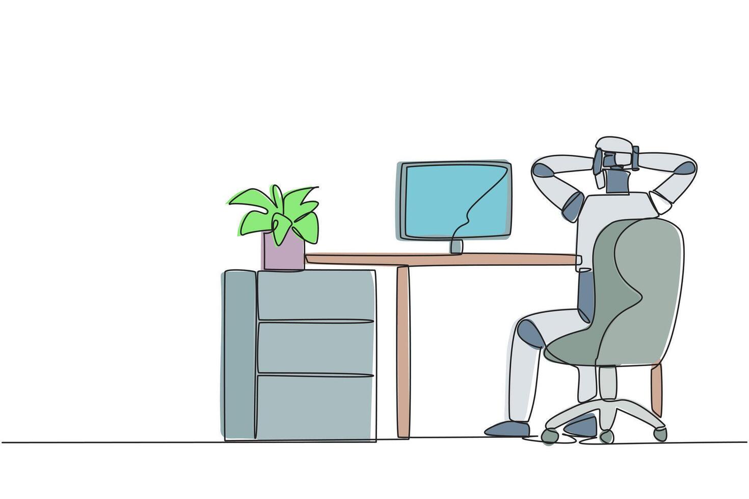 Single one line drawing robot sitting in chair with his hands holding the back of head. Take a break. Monitor test results. Reading the bug. Future tech AI. Continuous line design graphic illustration vector