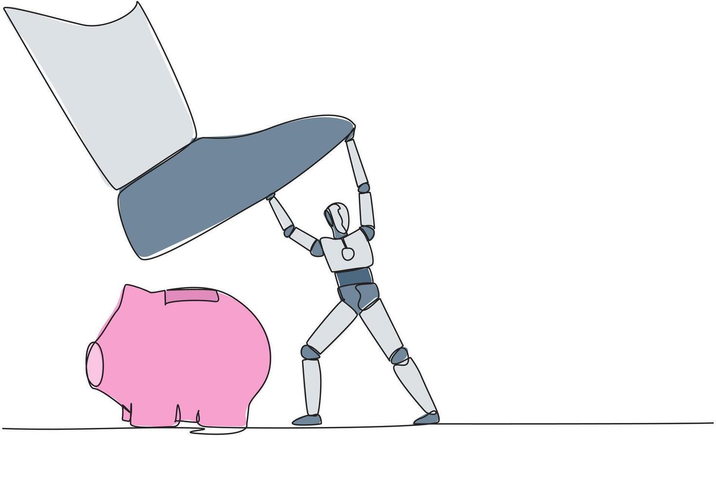 Single one line drawing smart robot holds back giant foot wants to step on piggy bank. Maintain investment value to remain high. Future technology concept. Continuous line design graphic illustration vector