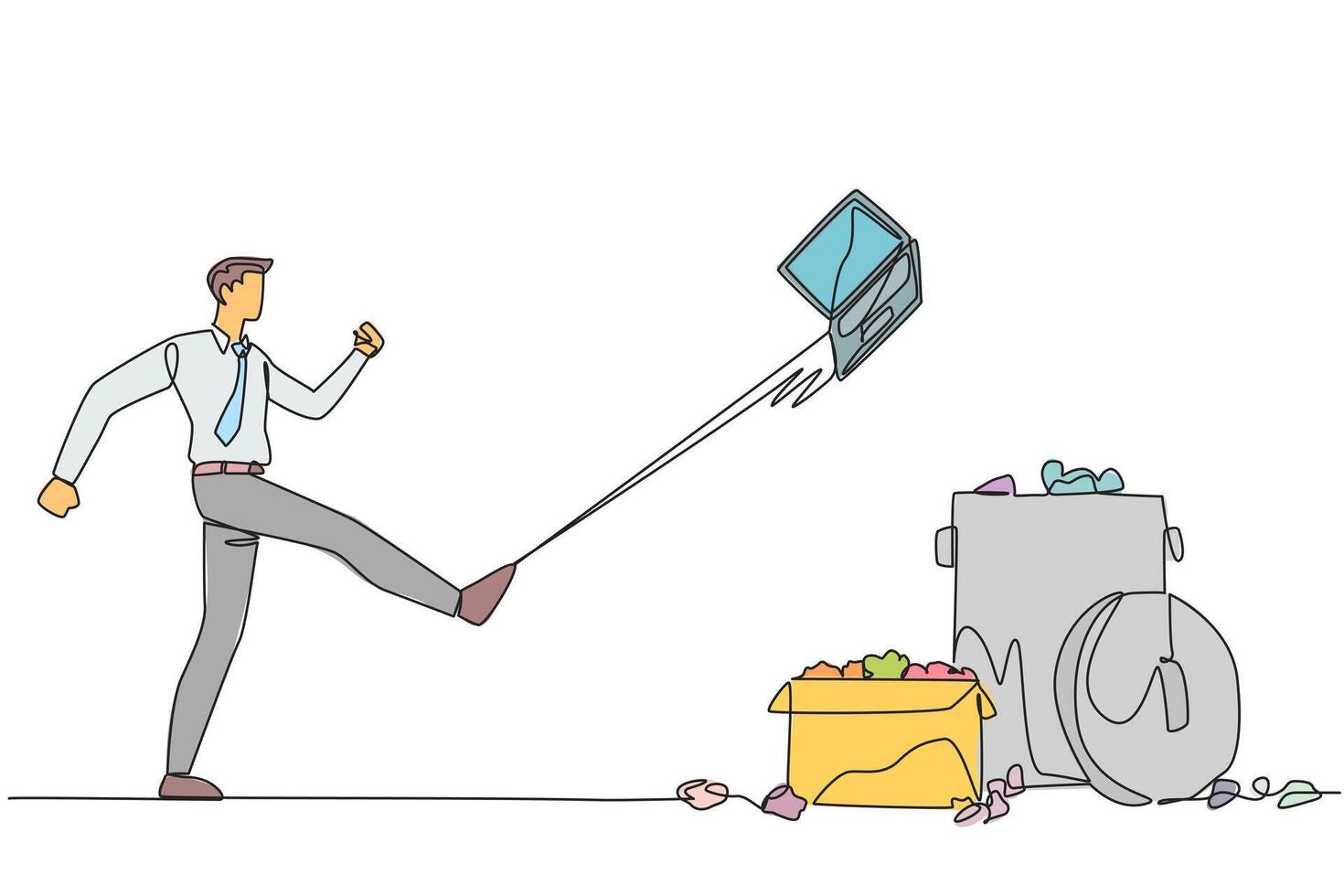 Continuous one line drawing businessman kicked laptop into the trash. Kicking the laptop until it breaks. Venting explosive anger. Business is losing money. Single line draw design illustration vector
