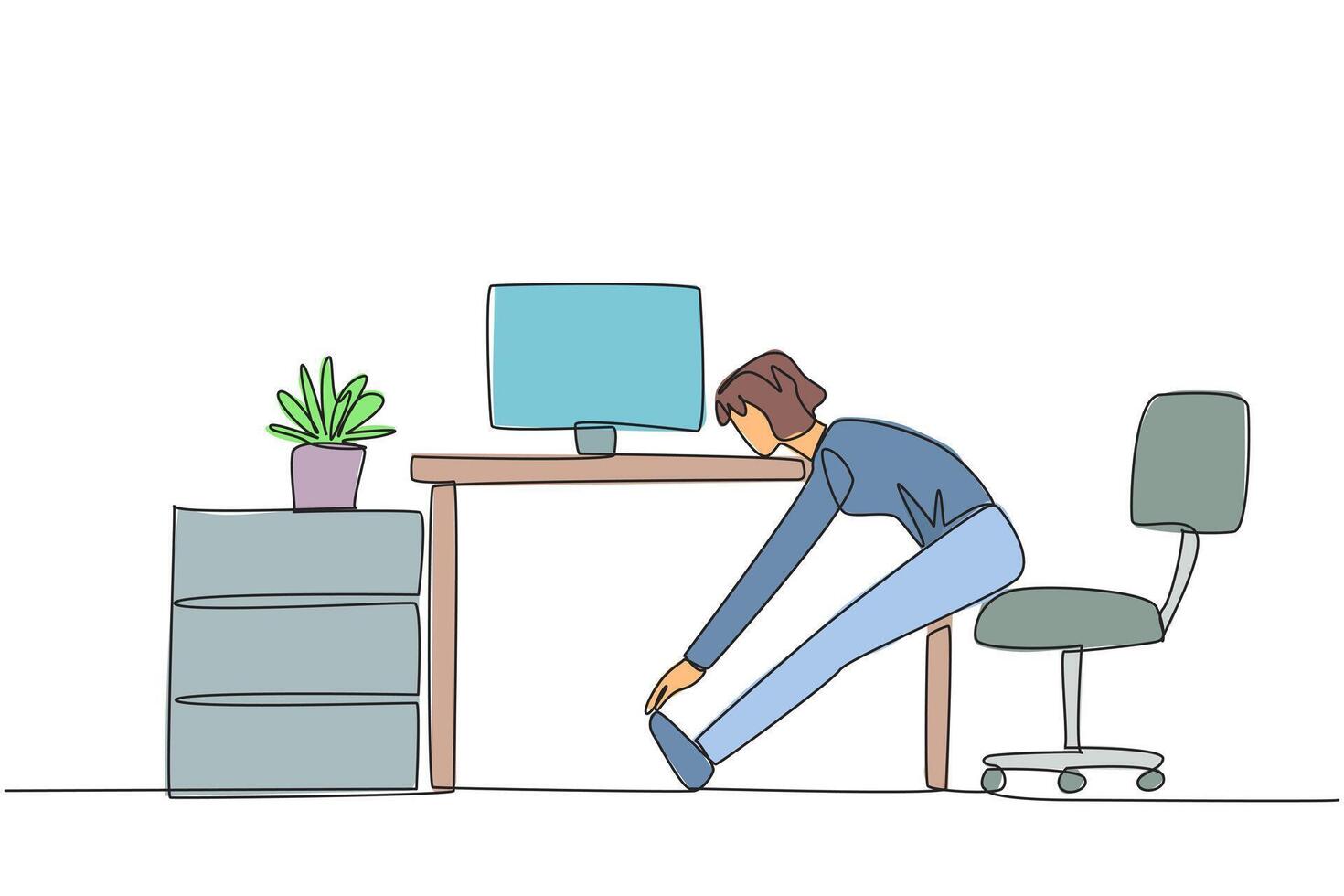 Continuous one line drawing woman sits in work chair with legs straightened, hands hold it. Stretching is necessary to avoid stress. Overtime on weekend. Single line draw design illustration vector