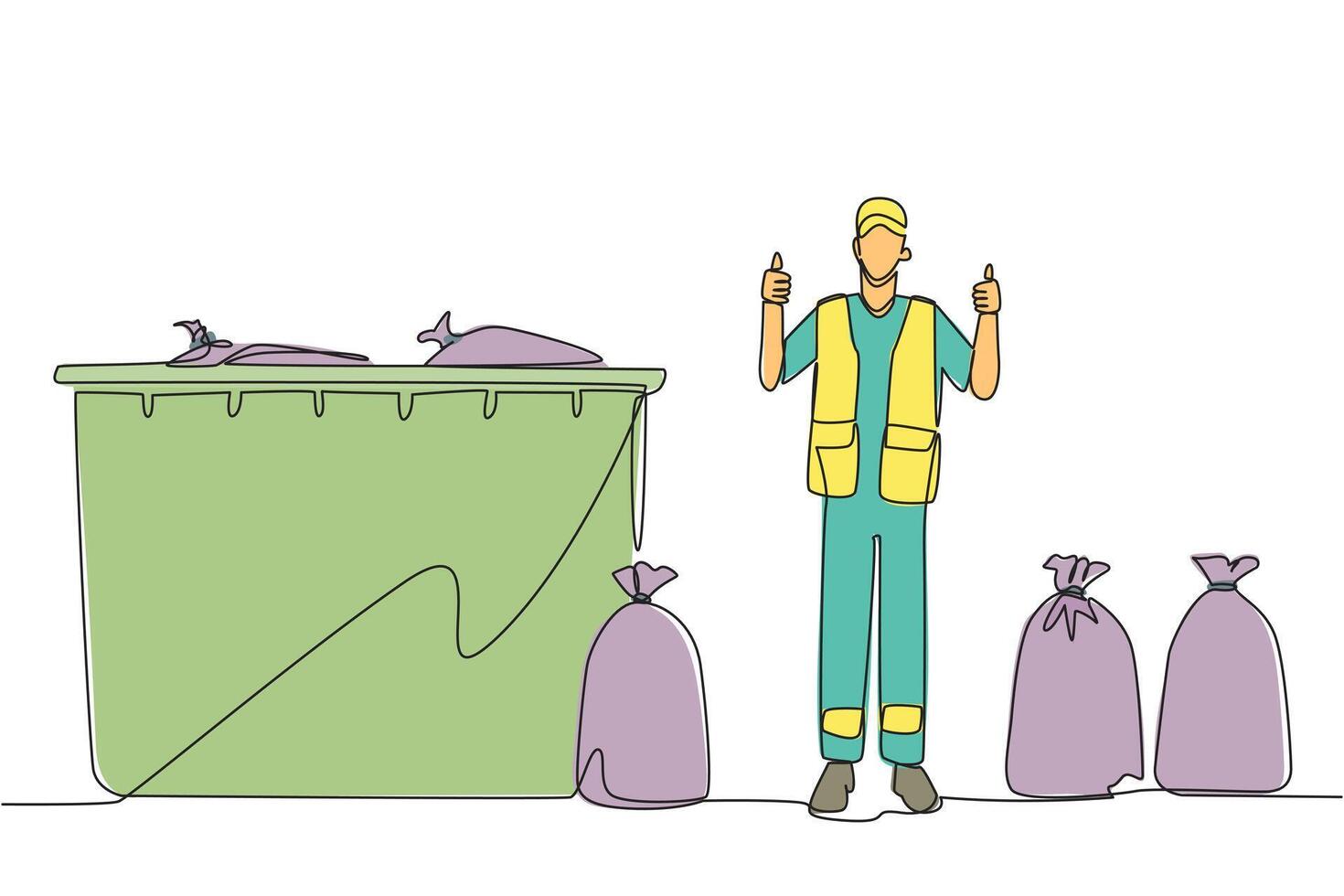 Single continuous line drawing trash man stands with a thumbs up gesture between trash bags. Finish tidying up the scattered rubbish. Environmental care. Ecology. One line design illustration vector