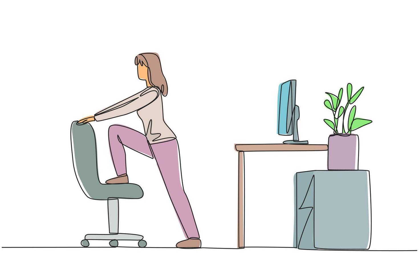 Single one line drawing the woman stands while lifting one of her legs onto a chair. Warm up before facing a lot of work. Working overtime on the weekend. Continuous line design graphic illustration vector
