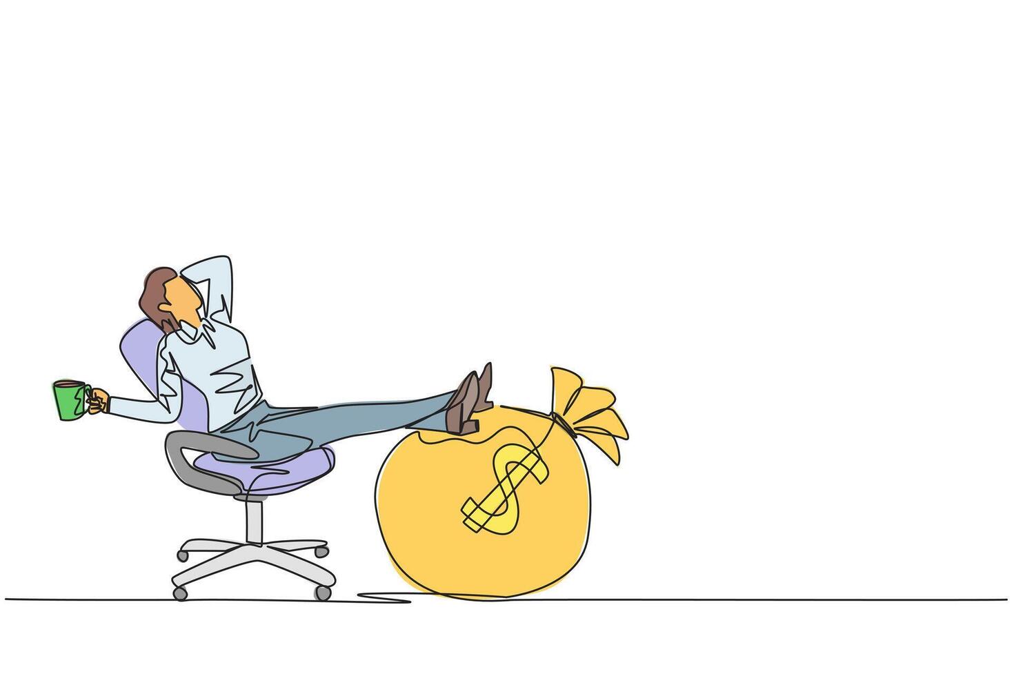 Single one line drawing businesswoman sitting relaxed in a work chair while holding a mug. Foot resting on the big money bag. Enjoying tremendous success. Continuous line design graphic illustration vector