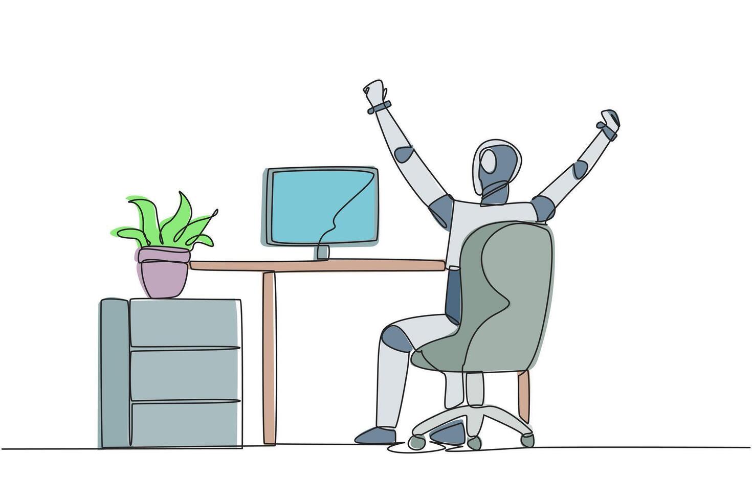 Continuous one line drawing the robot sit on chair opening and raising his hands. Stretching robot. Sitting and focusing too long. Future technology AI. Single line draw design illustration vector