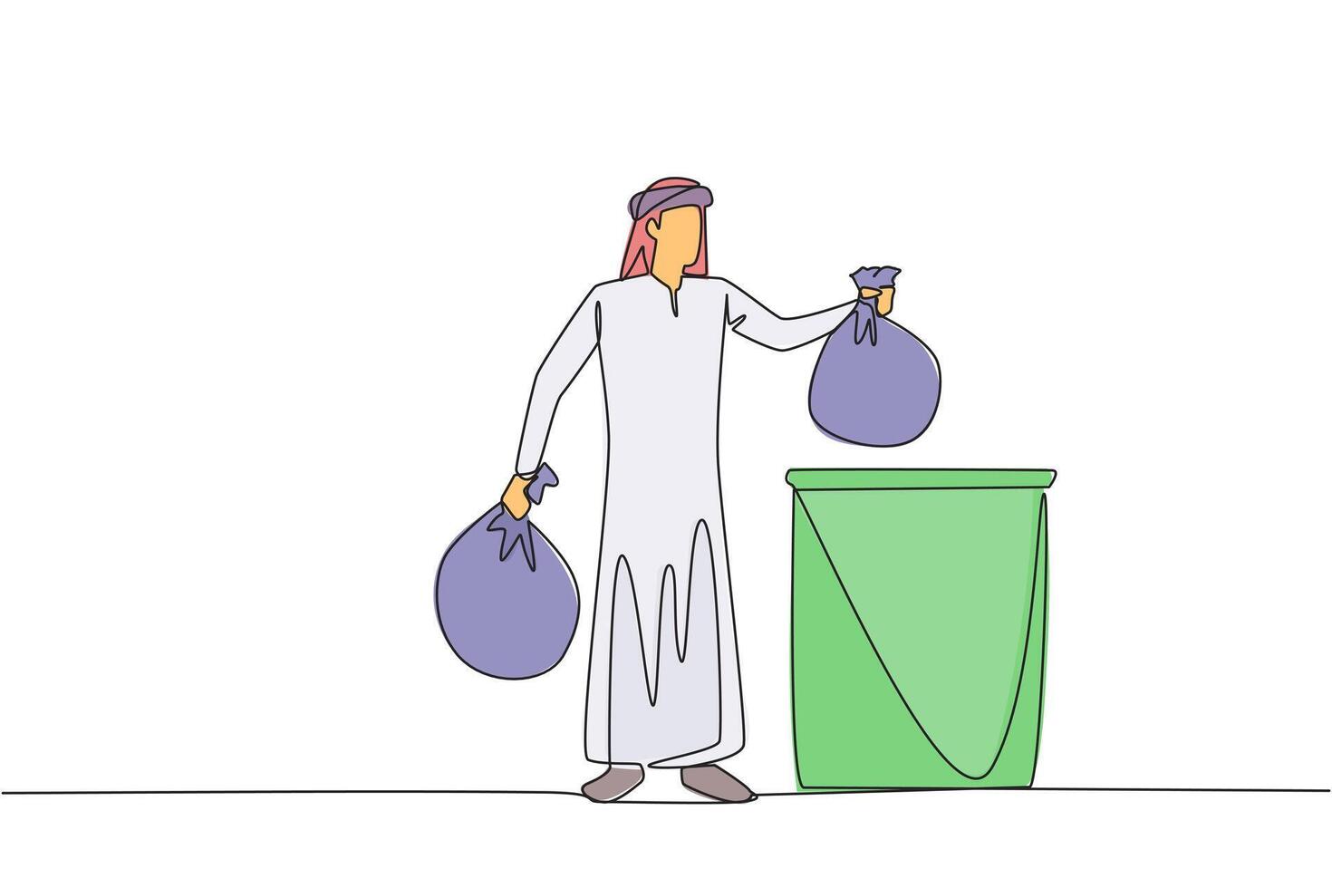 Continuous one line drawing Arab man puts rubbish bag into the trash can. Environmental care. Join the cleanliness campaign. For a healthy body and soul. Single line draw design illustration vector