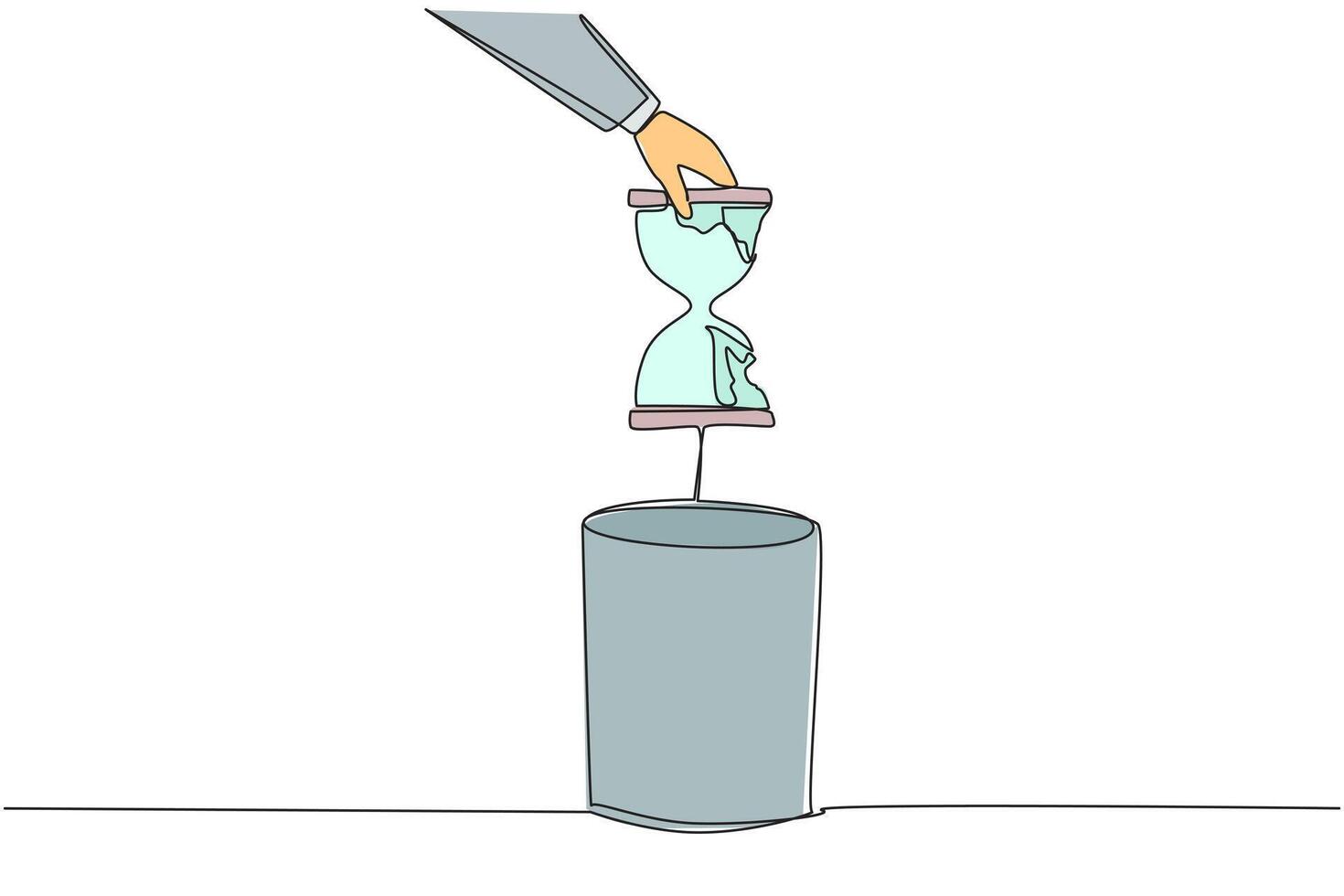Continuous one line drawing businessman's hand throwing away a broken hourglass. There is no countdown deadline. No reminders. But still have to be responsible. Single line design illustration vector