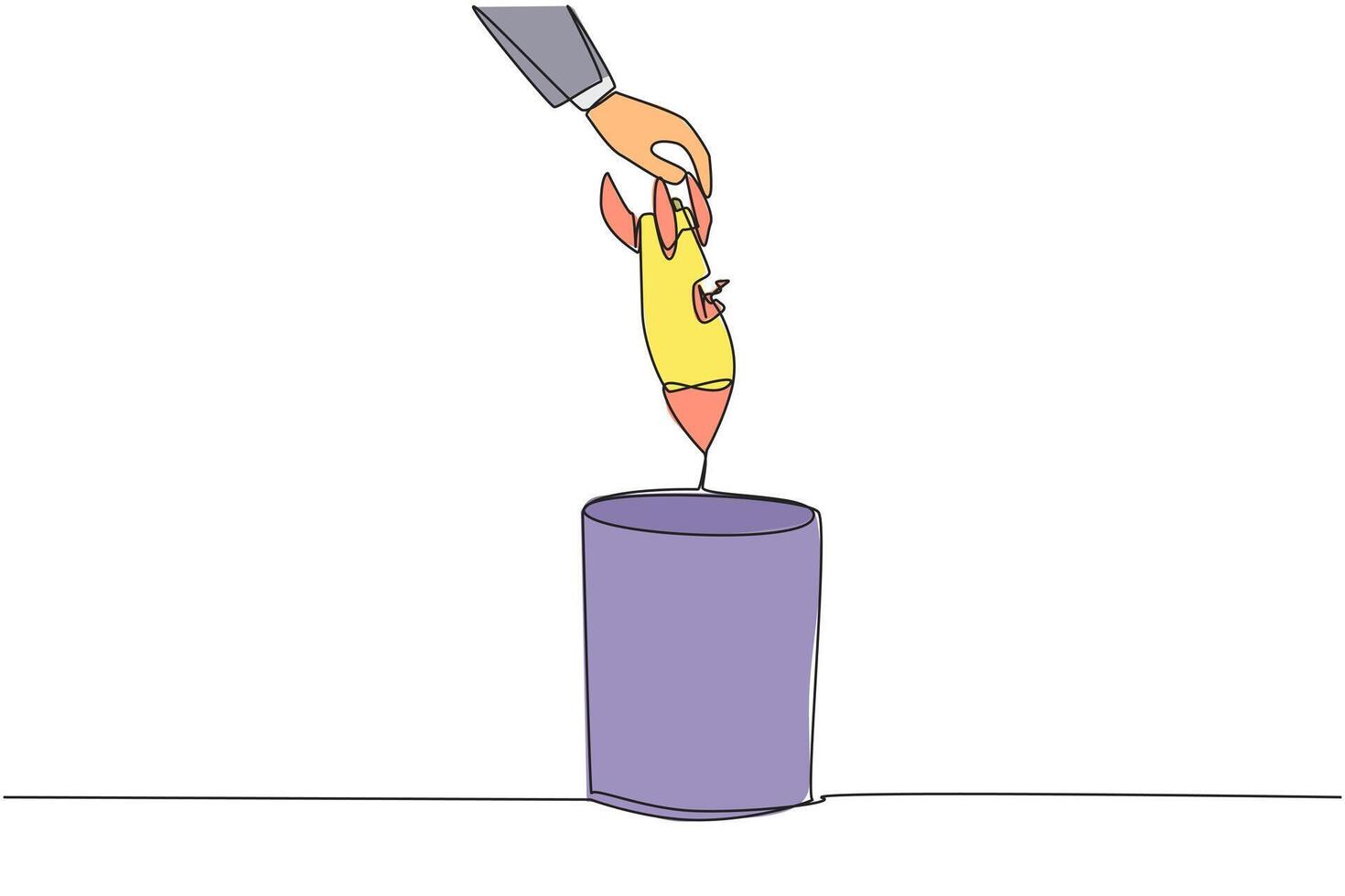 Single continuous line drawing businessman's hand throwing away a broken rocket. Can't fly. Not expanding the business. Insufficient equipment. Business setbacks. One line design illustration vector