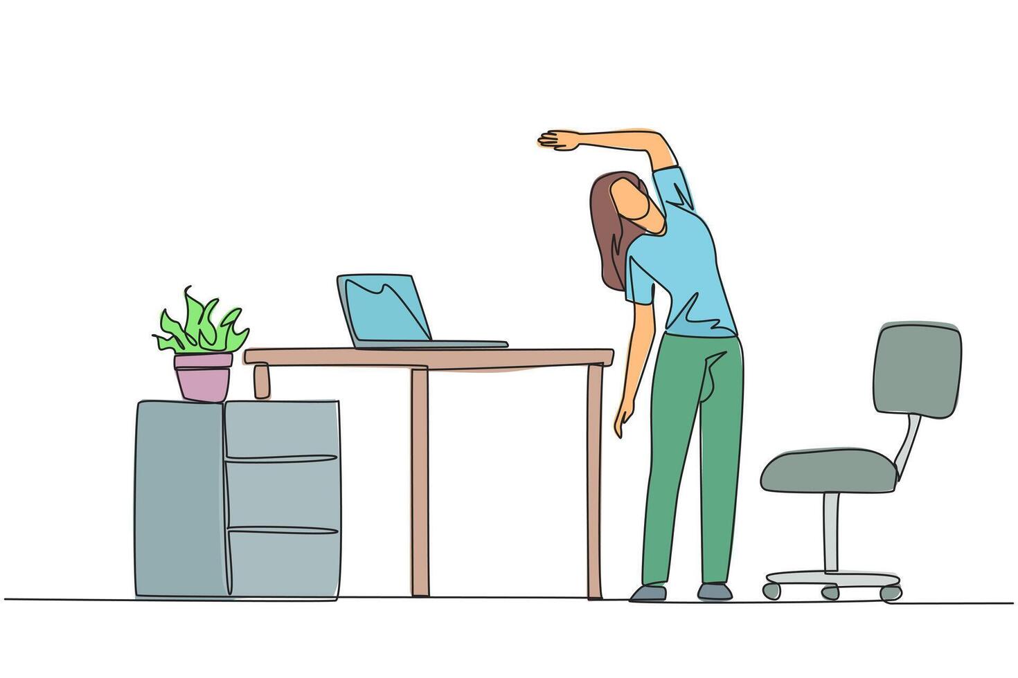 Single one line drawing woman stands while raising one hand and tilting body. Doing exercise during work. Functions to eliminate drowsiness. Overtime. Continuous line design graphic illustration vector