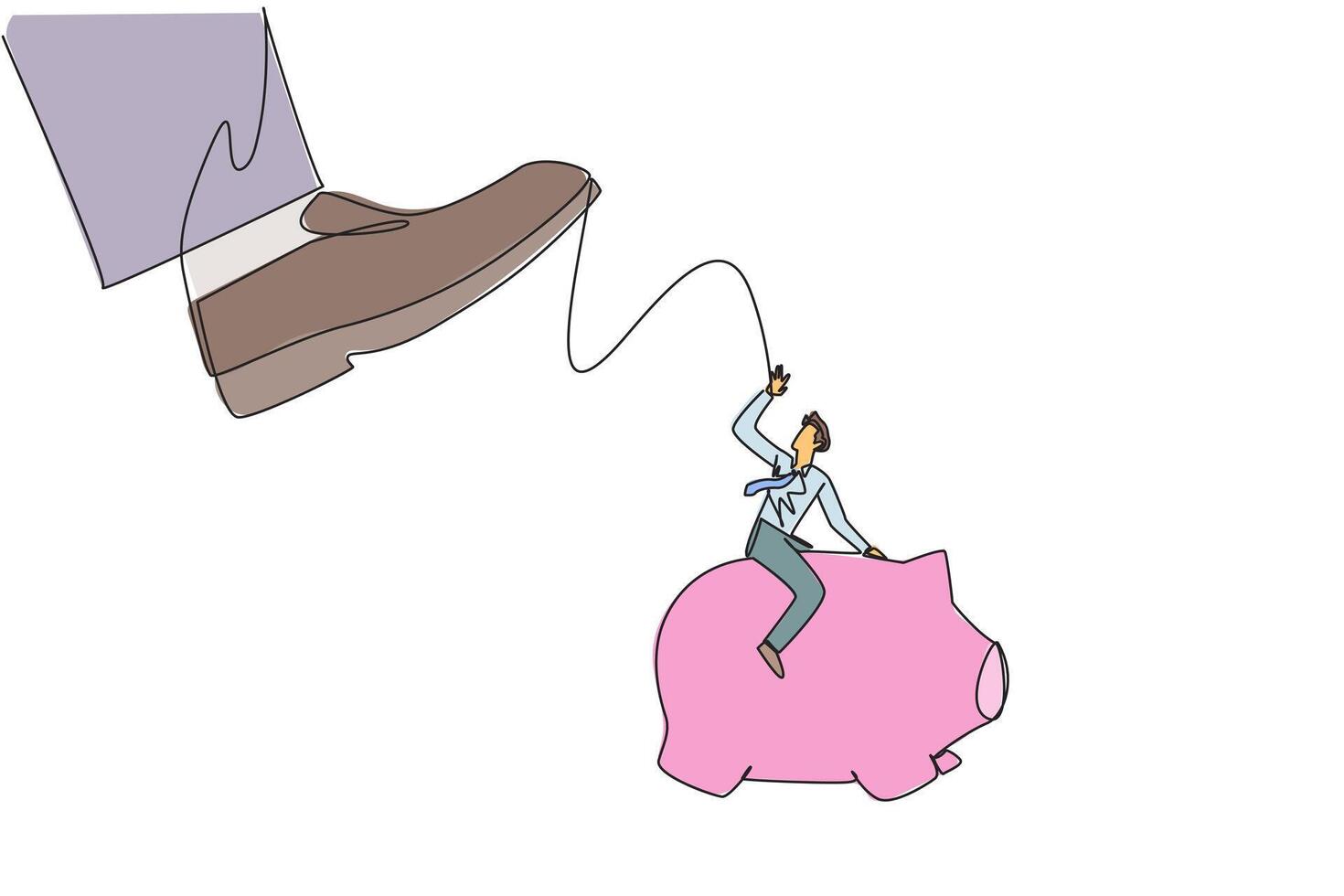 Single one line drawing businessman riding a piggy bank runs away from giant feet. Keeps trouble out of business. Maintain company's asset to keep growing. Continuous line design graphic illustration vector