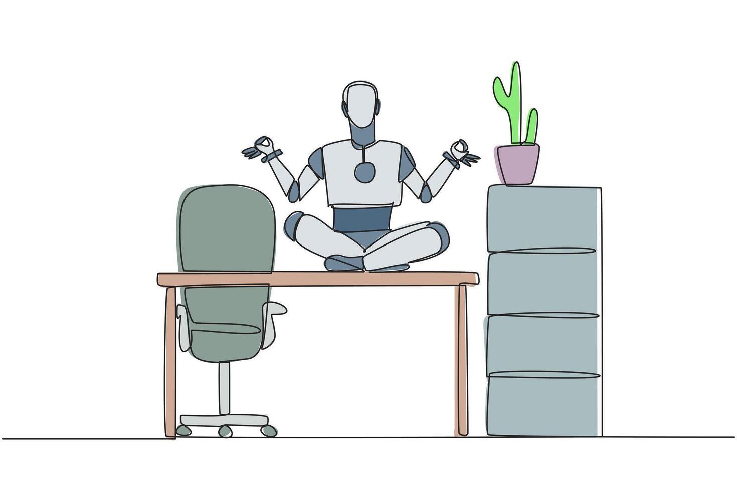 Single continuous line drawing smart robot sitting cross-legged on a work desk. Artificial intelligence makes people behave like humans. Relaxing yoga. Future tech. One line design illustration vector