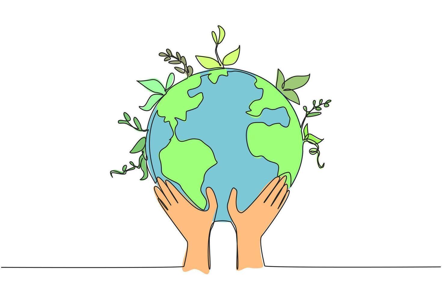 Single one line drawing two hands holding a globe. Care about the earth. Planting plants for healthier air. Environmental care. World environment day. Continuous line design graphic illustration vector