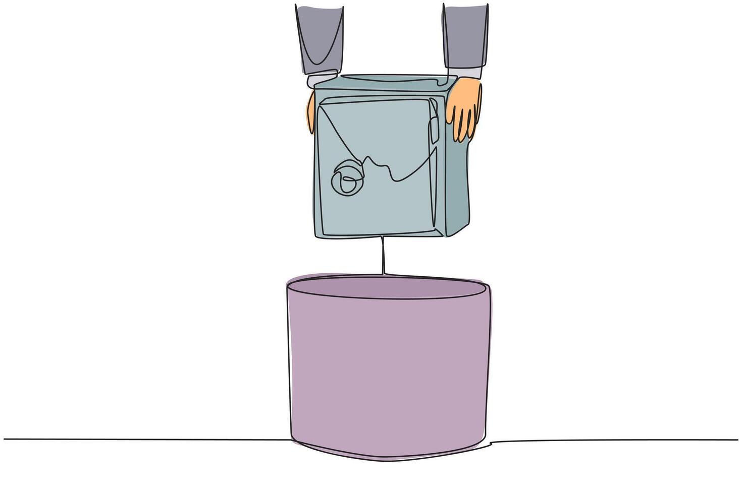 Continuous one line drawing businessman's hand throwing away broken safety box. It's no longer reliable. Replace to avoid leaking a lot of data. Wrecked. Single line draw design illustration vector