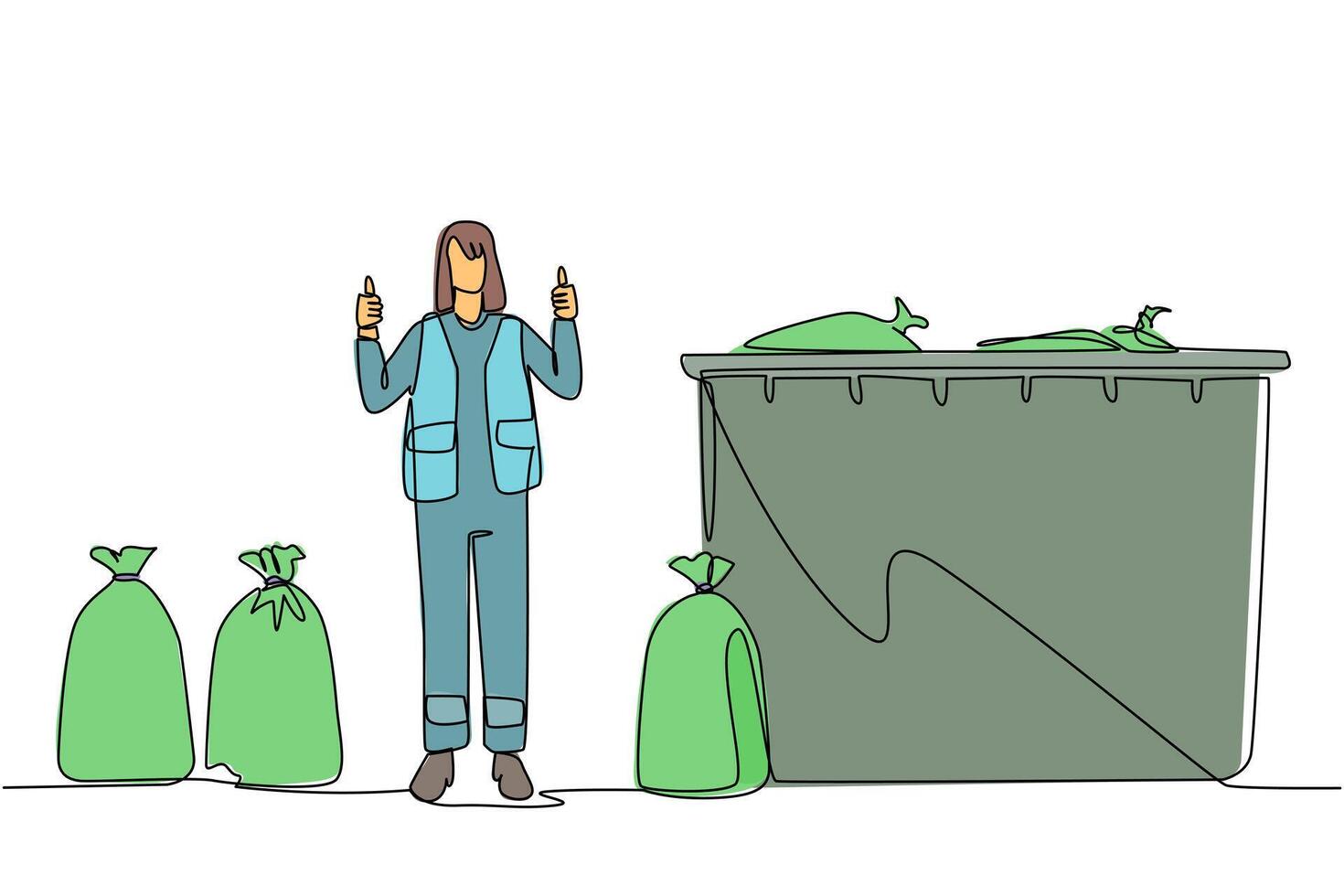 Continuous one line drawing trash woman stands with a thumbs up gesture between trash bags. Code for completing job. Keep the environment clean. Good job. Single line draw design illustration vector