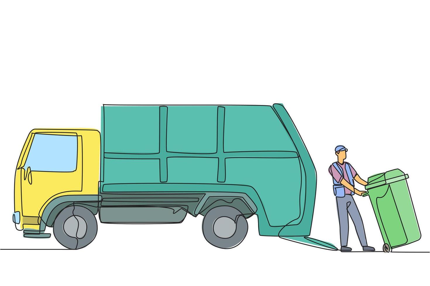 Single continuous line drawing trash man pulling wheeled trash can towards the garbage truck. Prevent environmental pollution by regularly making it to landfill. One line design illustration vector