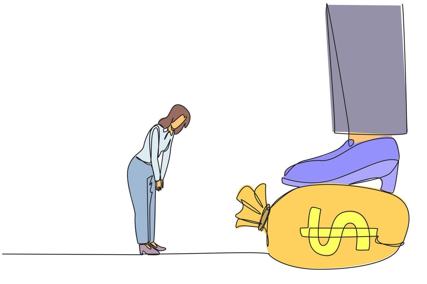 Single continuous line drawing businesswoman nodded in front of the giant foot stepping on the money bag. Trying to give in to the integrity of teamwork. Wisdom. One line design illustration vector