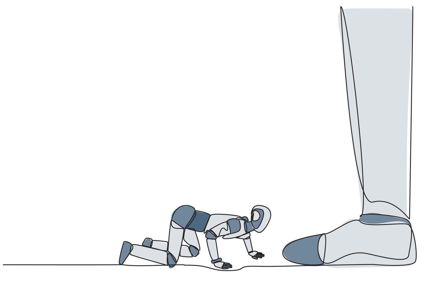 Single one line drawing the new robot kneels and licks giant foot. Testing artificial intelligence to become an obedient robot. Future technology concept. Continuous line design graphic illustration vector
