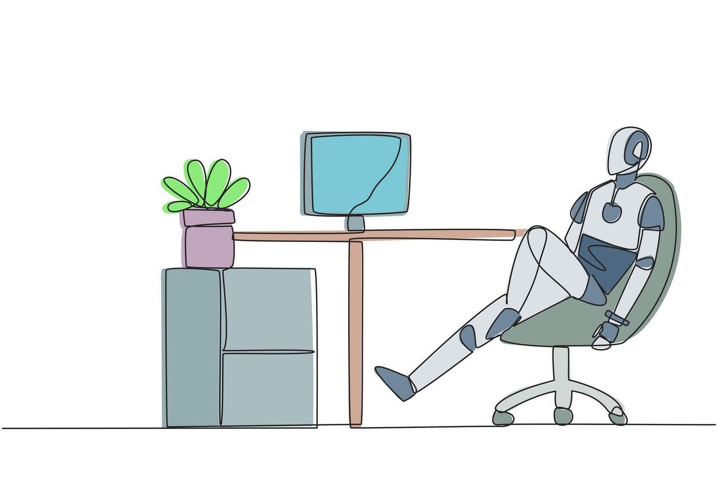Continuous one line drawing robot sits in work chair with one of legs raised and folded. Robot relax. Its artificial intelligence is human-like. Future AI. Single line draw design illustration vector