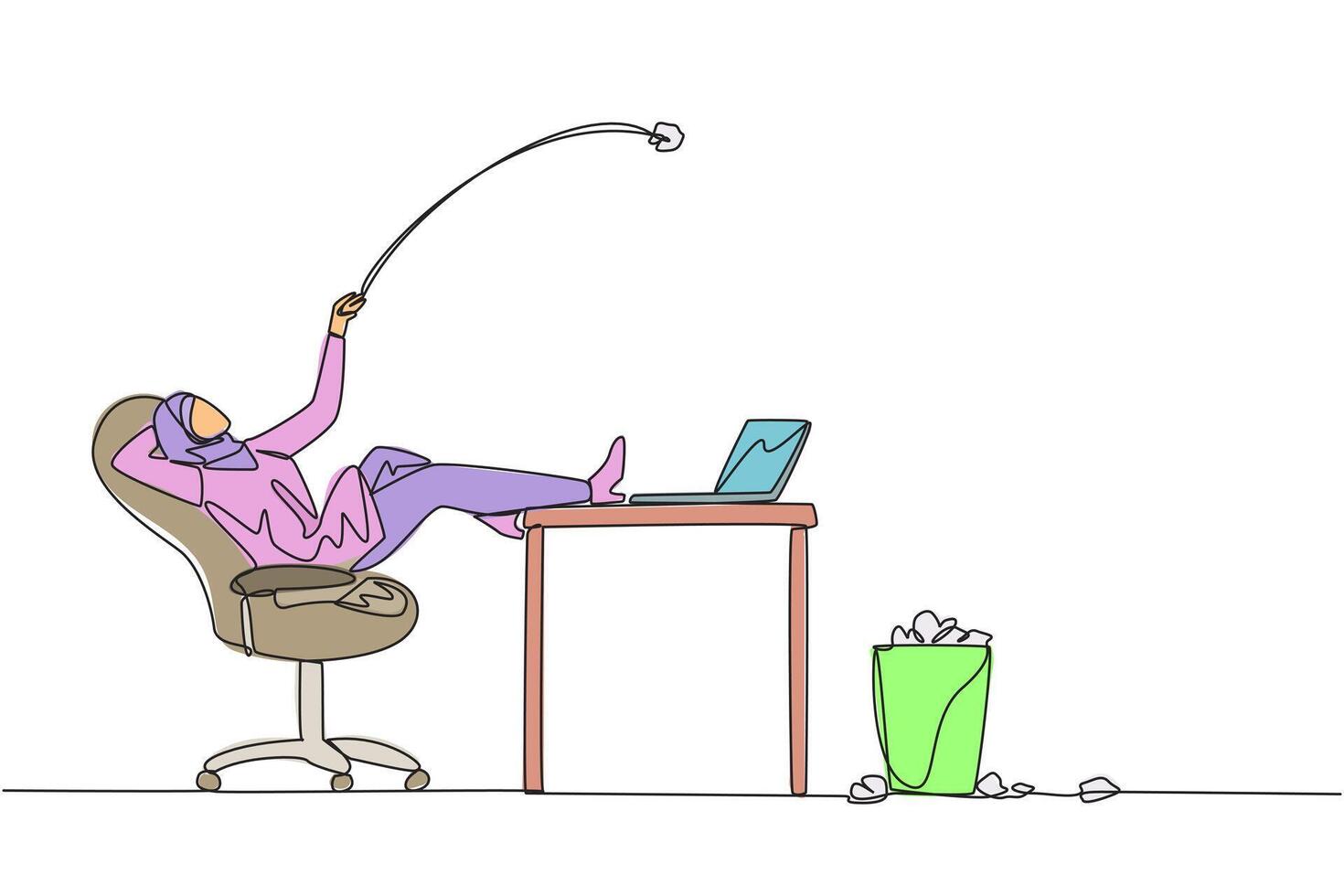 Single continuous line drawing Arabian businesswoman sitting in a chair throwing wads of paper into trash. Haven't gotten best idea for promotional materials yet. One line design illustration vector