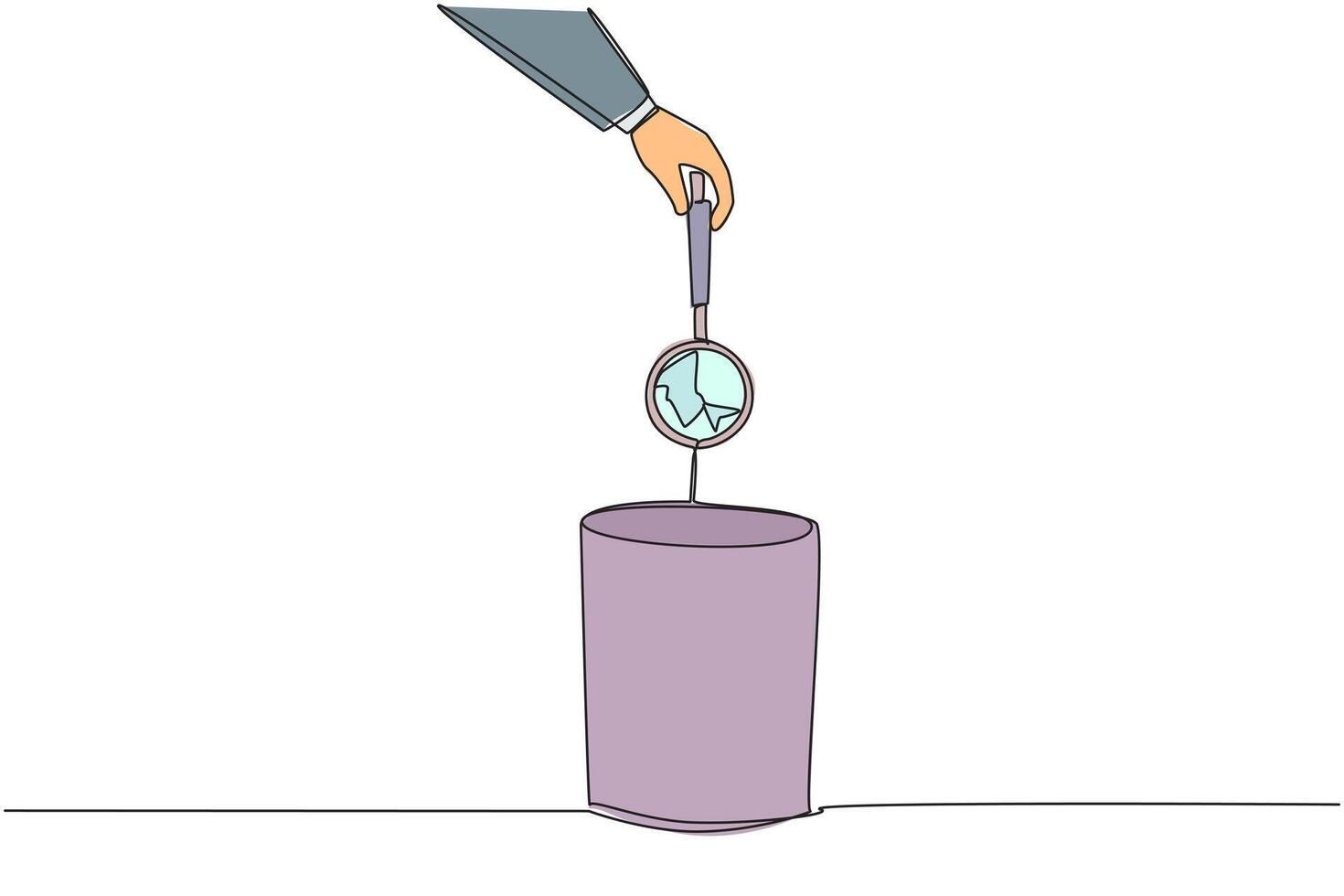 Single continuous line drawing businessman's hand throwing away broken magnifier. Doesn't have optics. Cannot be used for research. Cannot be used for searching. One line design illustration vector