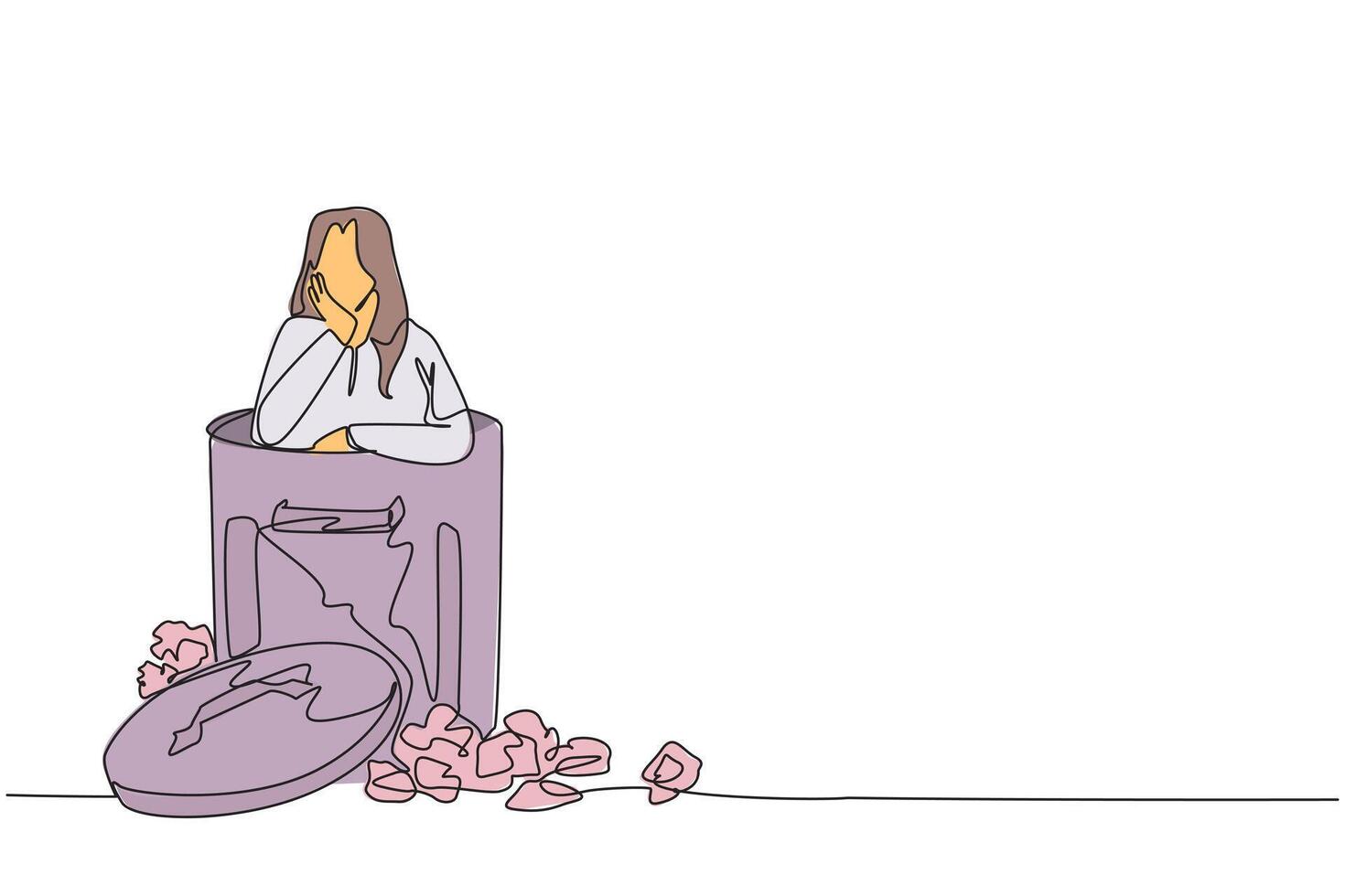 Single one line drawing a businesswoman is in the trash can. Poor mentality. Lost and wrong in everything. Business collapsed. Falling into debt everywhere. Continuous line design graphic illustration vector