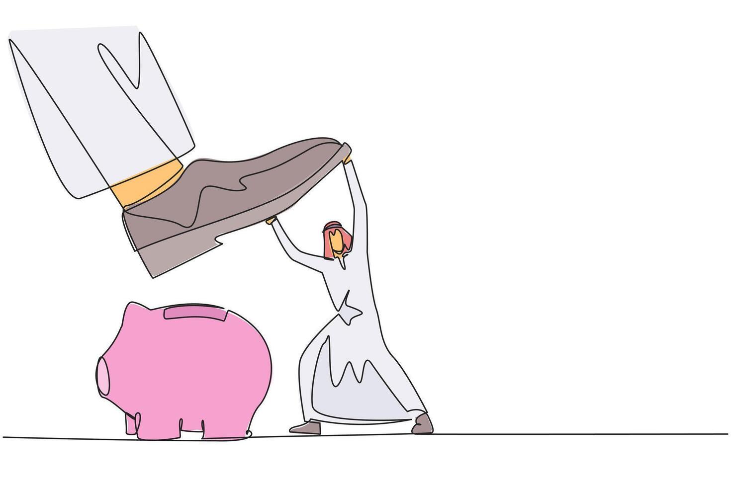 Single one line drawing Arab businessman holds back giant foot wants to step on piggy bank. Restraining the greed of sovereigns who will destroy assets. Continuous line design graphic illustration vector