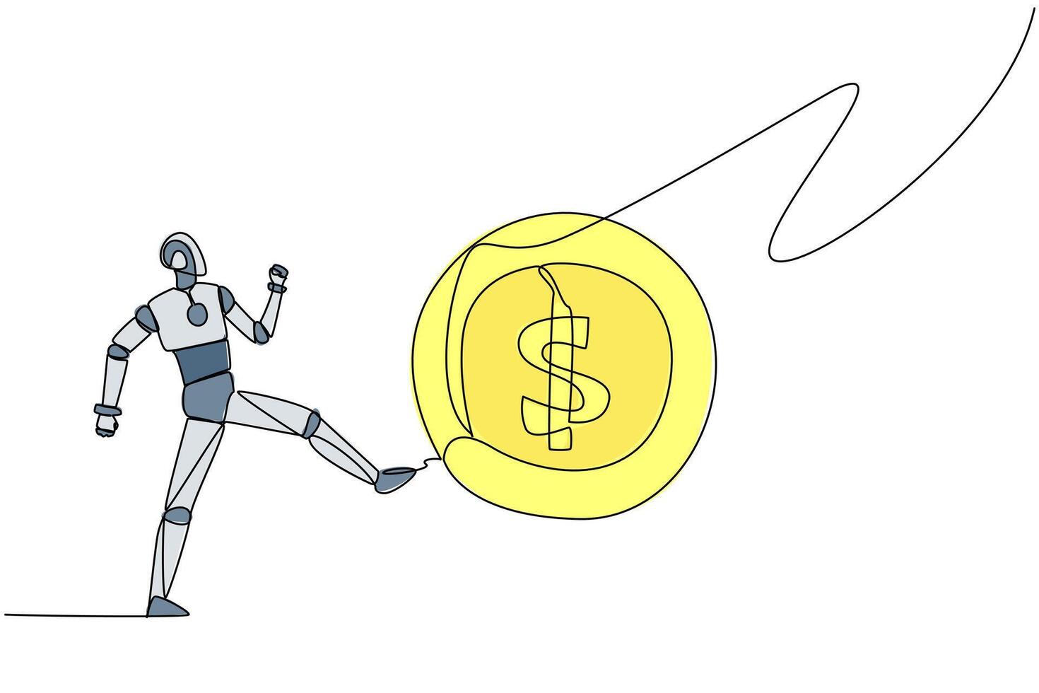 Single continuous line drawing robot kicking the big coin with a dollar symbol. Errors in providing artificial intelligence programs. Arbitrarily. Future tech. One line design illustration vector