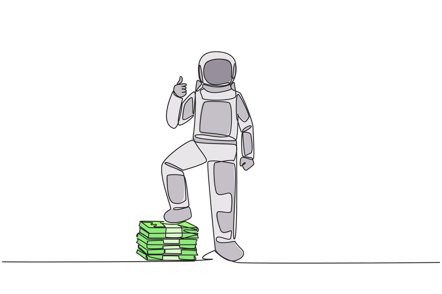 Continuous one line drawing astronaut stands with thumbs up pose and steps on stack of banknotes with one of foot. Get important expedition sponsors. Space. Single line draw design illustration vector