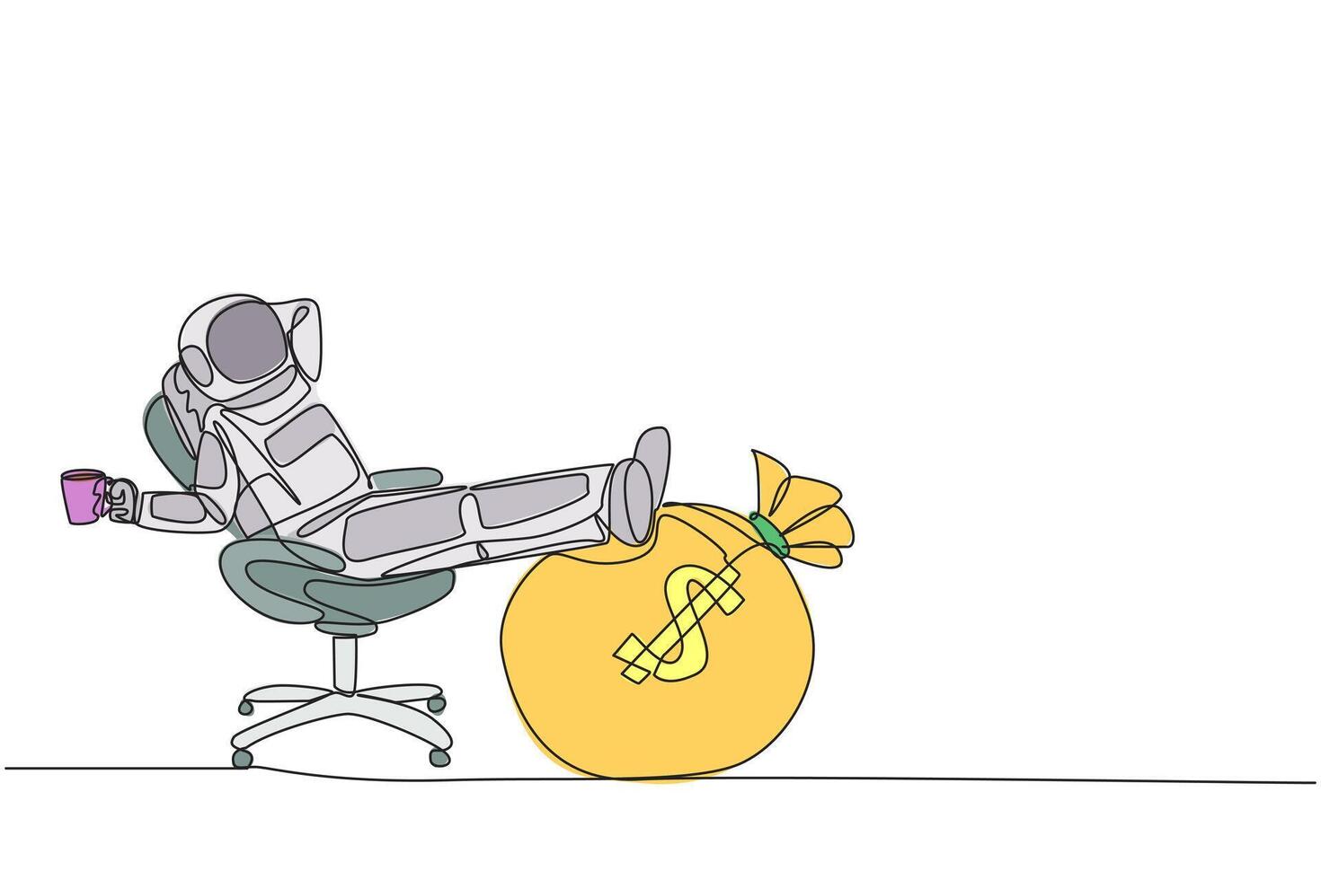Single one line drawing astronaut sitting in a work chair holding a mug. Foot resting on money bag. Expedition to the moon with a lot of money. Cosmonaut. Continuous line design graphic illustration vector