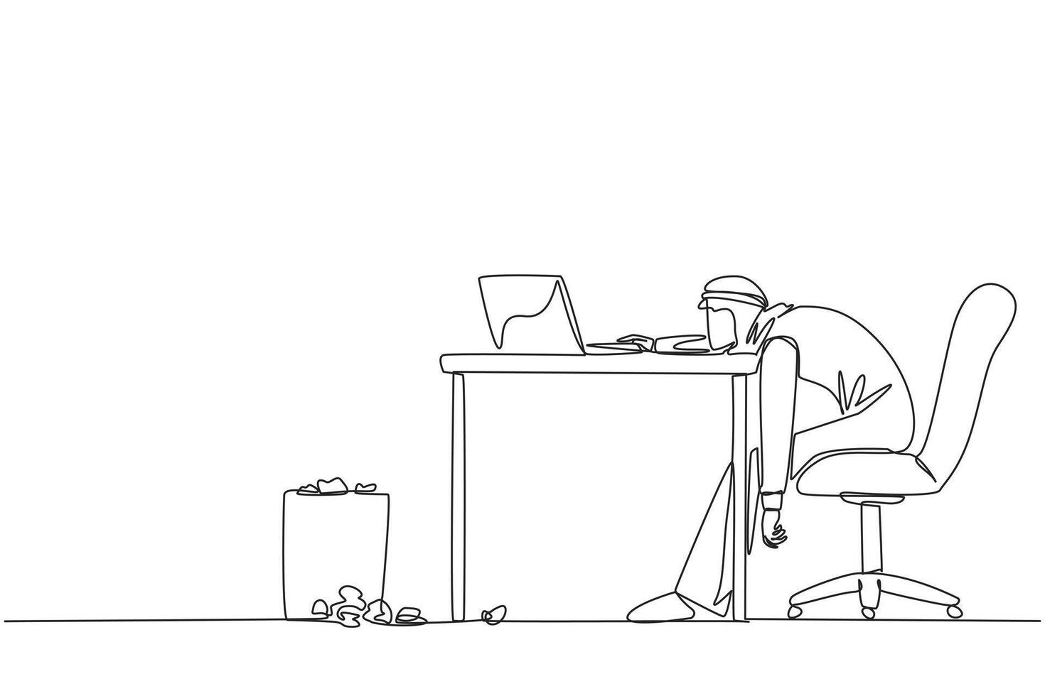 Continuous one line drawing Arabian businessman sitting in work chair looking tired. Chasing lots of deadlines. Many reports are wrong. Not focus on laptop. Single line draw design illustration vector