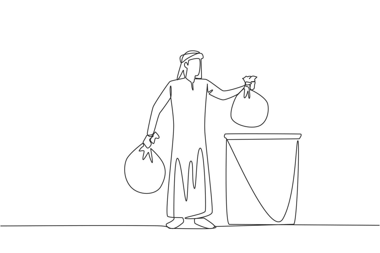 Continuous one line drawing Arab man puts rubbish bag into the trash can. Environmental care. Join the cleanliness campaign. For a healthy body and soul. Single line draw design illustration vector