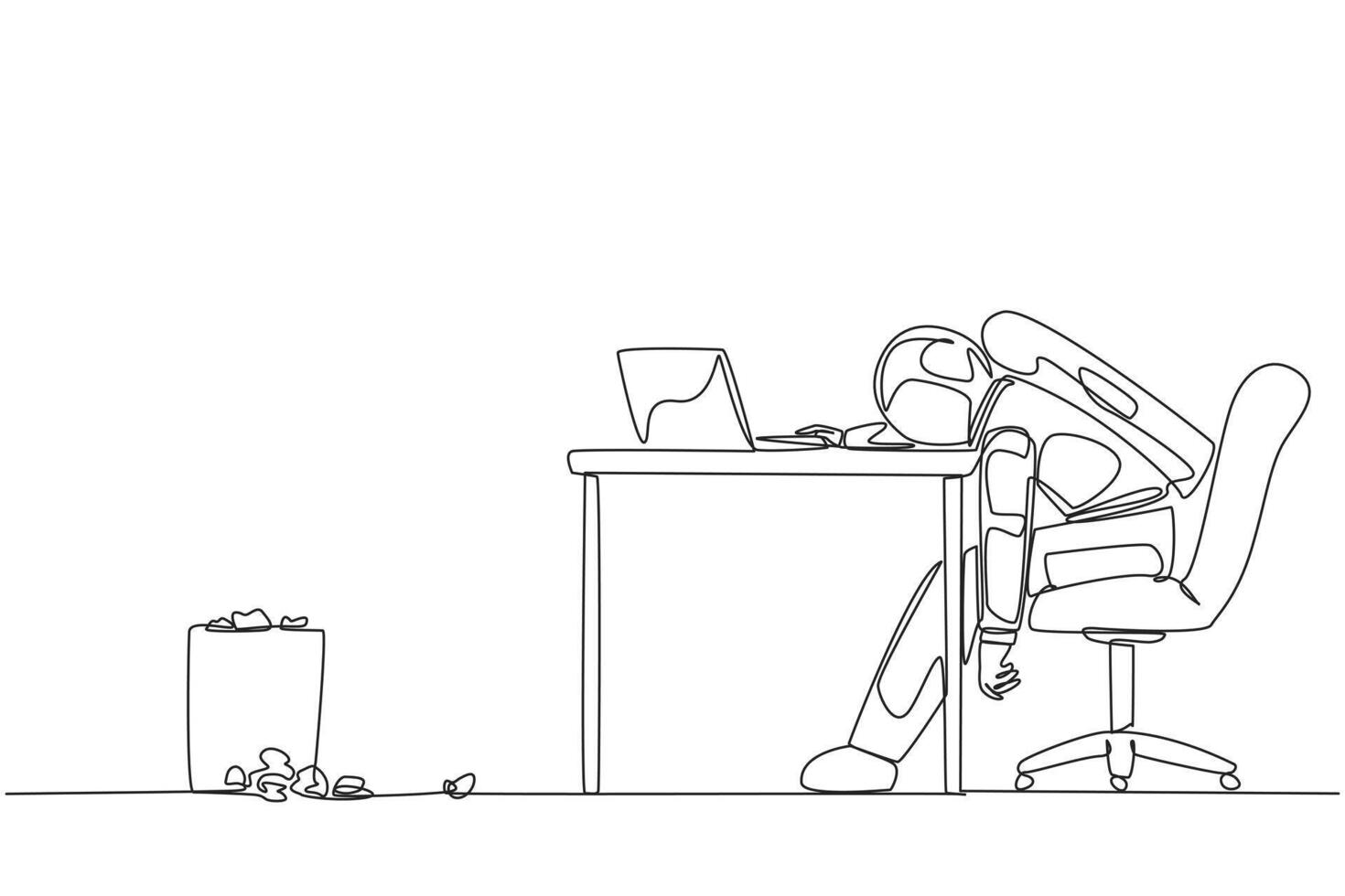 Single one line drawing astronaut sitting in a work chair looking tired. Want to write down the space expedition experiences on the laptop to make a book. Continuous line design graphic illustration vector