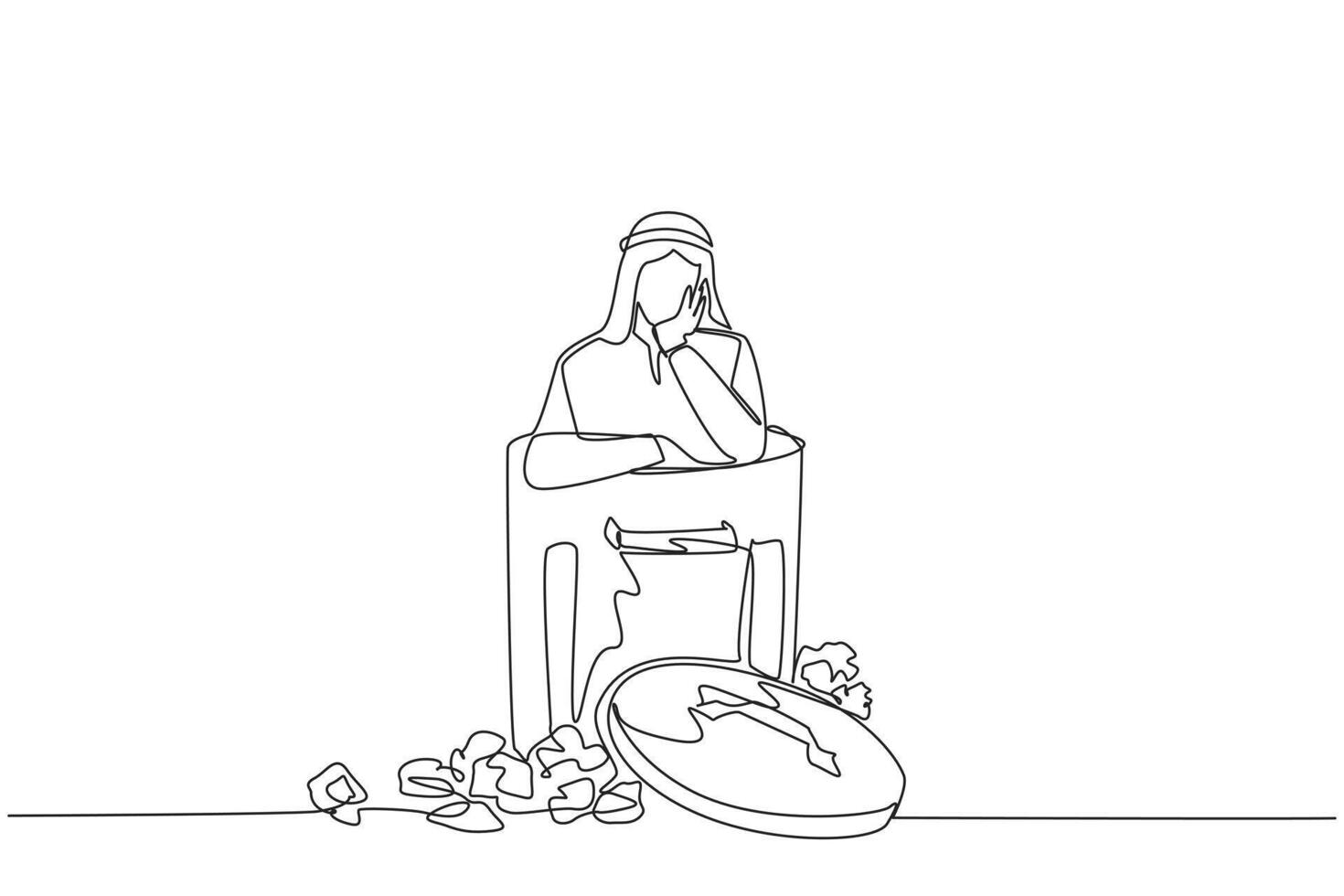 Continuous one line drawing Arabian businessman is in trash. Poor mentality. Down in the dumps. Think and try to get back up. Thinking about new business. Single line draw design illustration vector