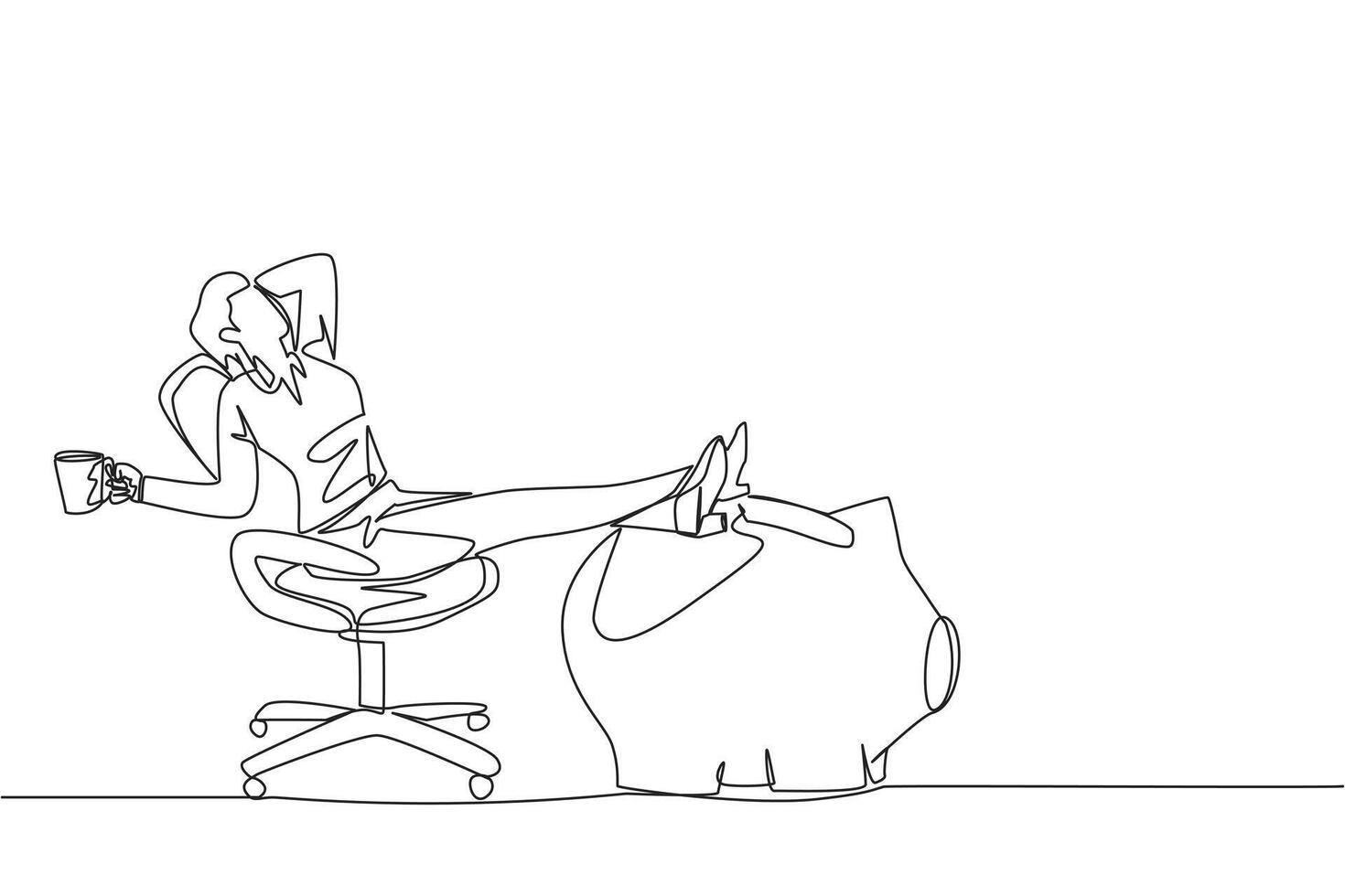 Continuous one line drawing businesswoman sitting relax in work chair holding mug. Foot resting on piggy bank. Fantasize about the importance of investing. Single line draw design illustration vector